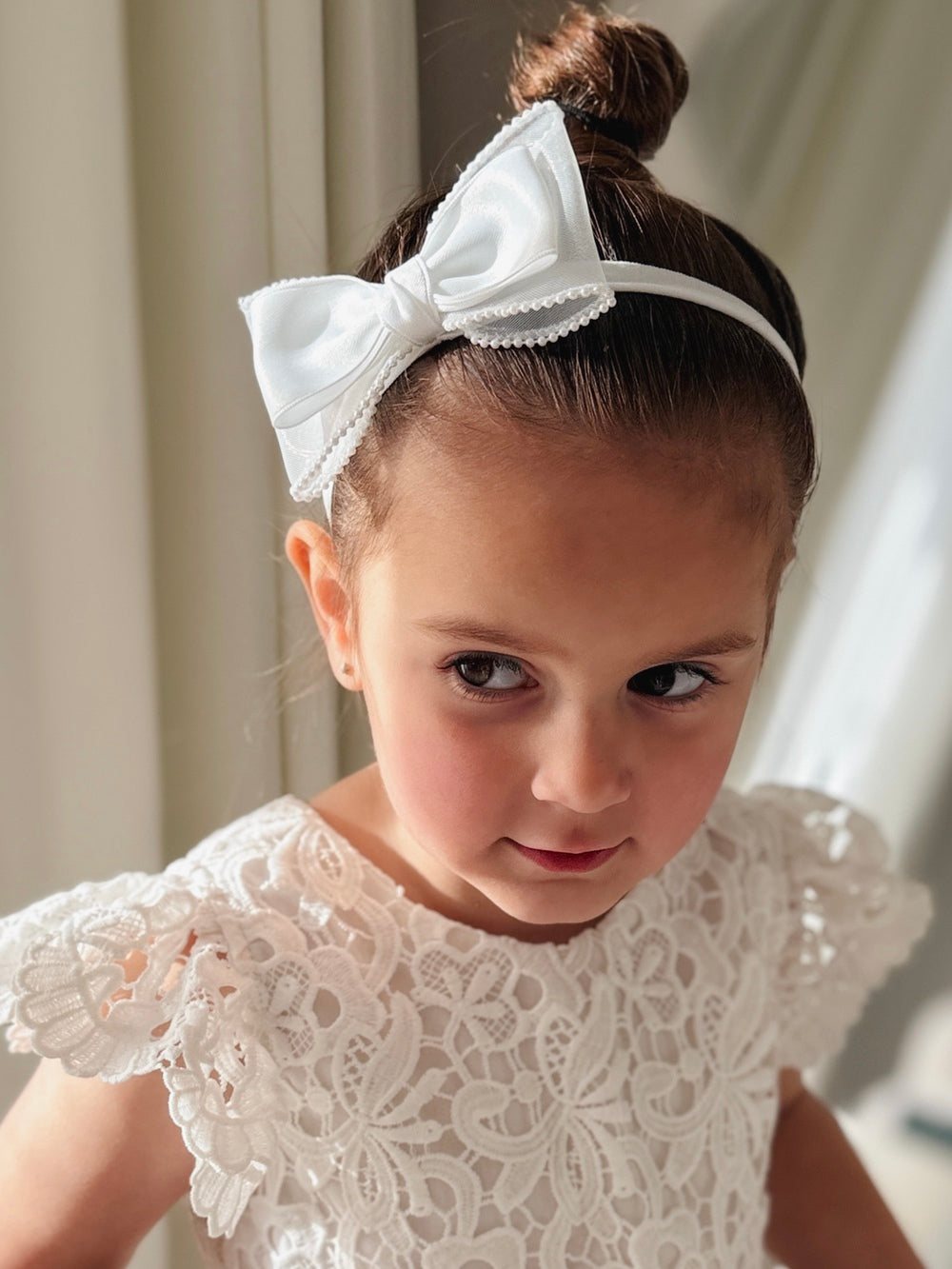 White flower girl bow headband