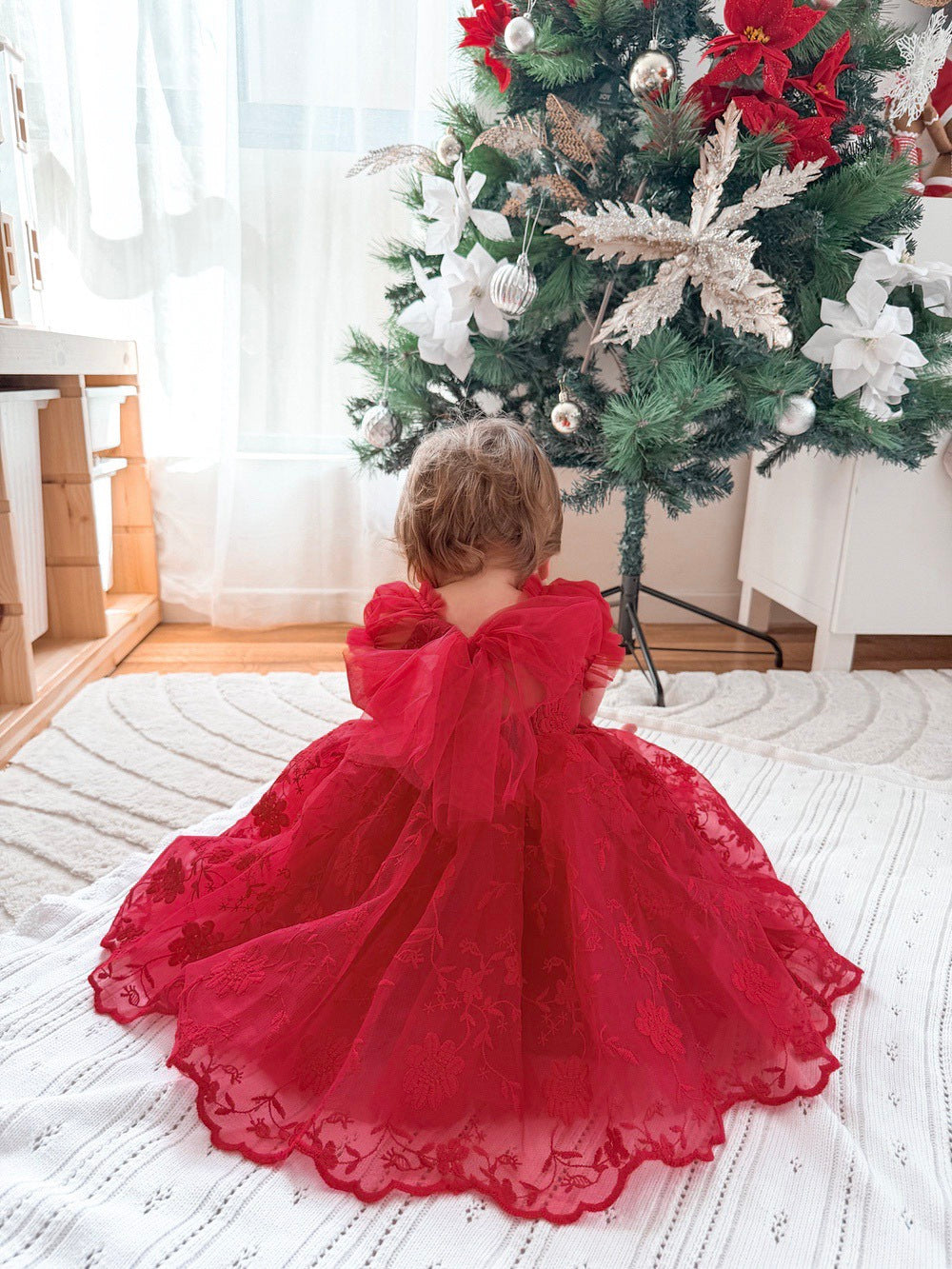 Isla Rose embroidered red girls dress with tulle bow