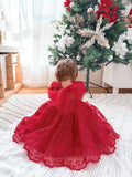 Isla Rose embroidered red girls dress with tulle bow