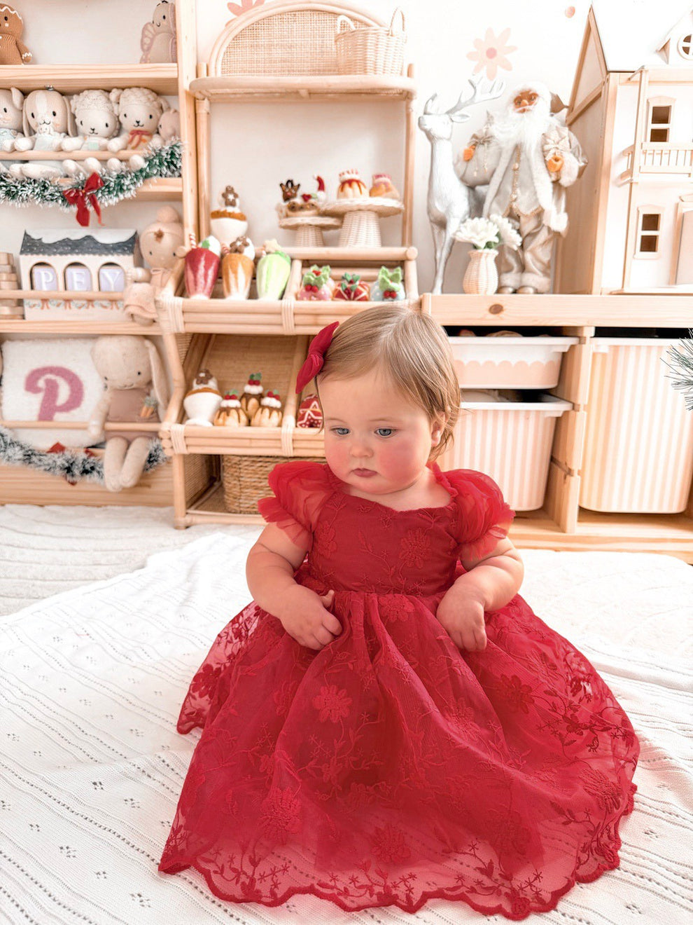Girls red embroidered christmas dress