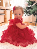 Red baby girl dress with tulle bow and puff sleeve