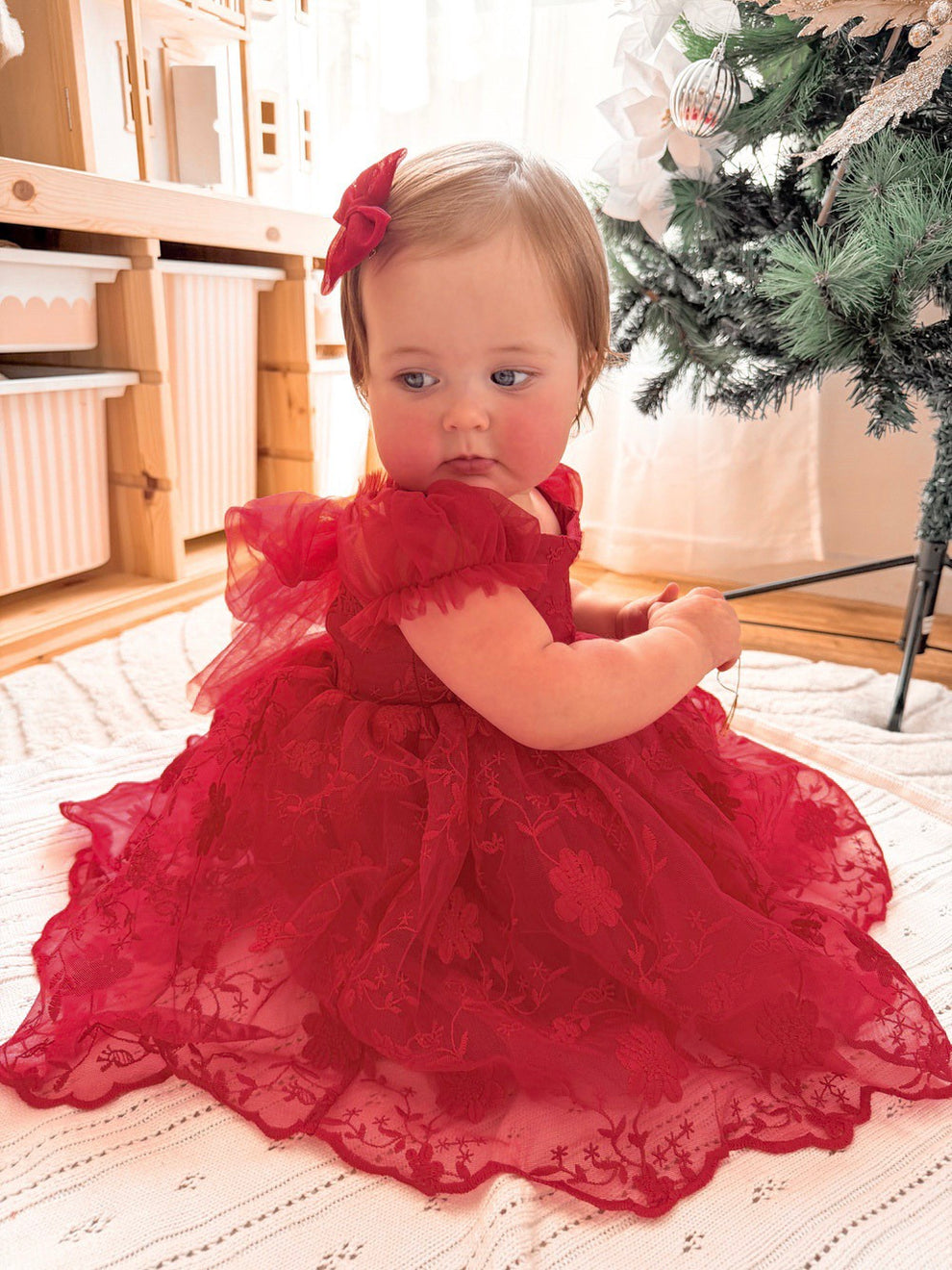 Red baby girl dress with tulle bow and puff sleeve
