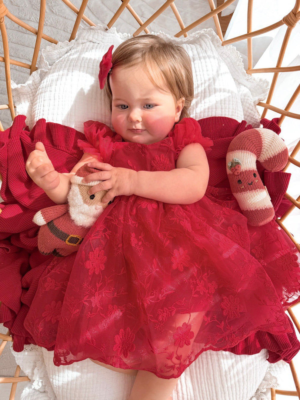 Deep red girls christmas dress with embroiderey