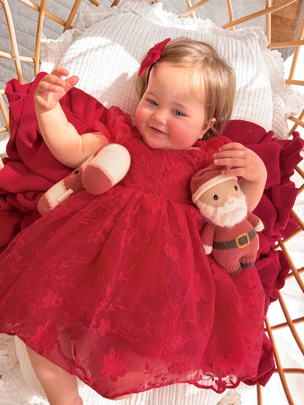 Red embroidered holiday dress for santa photos