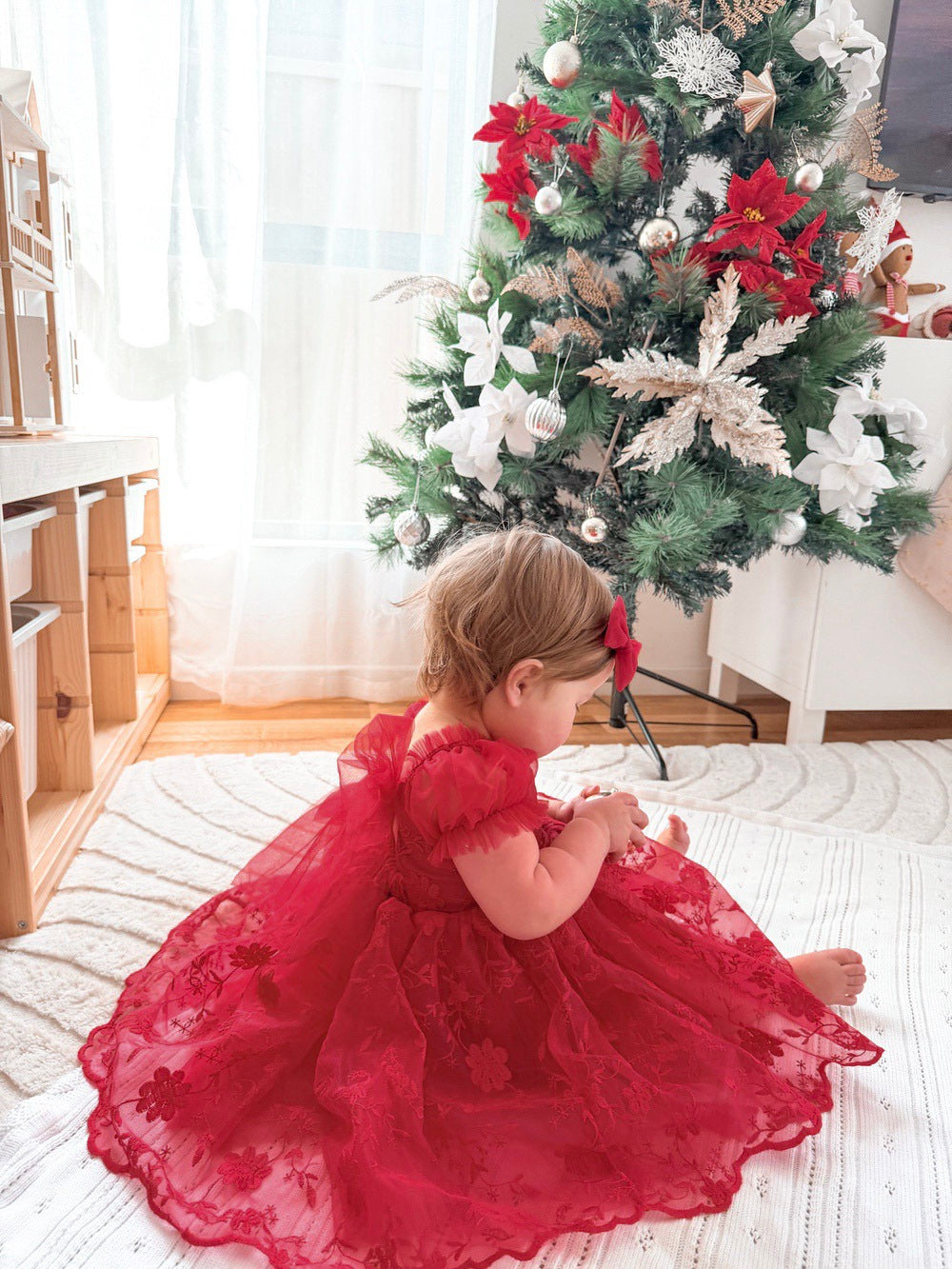 Embroidered red girls santa photos dress