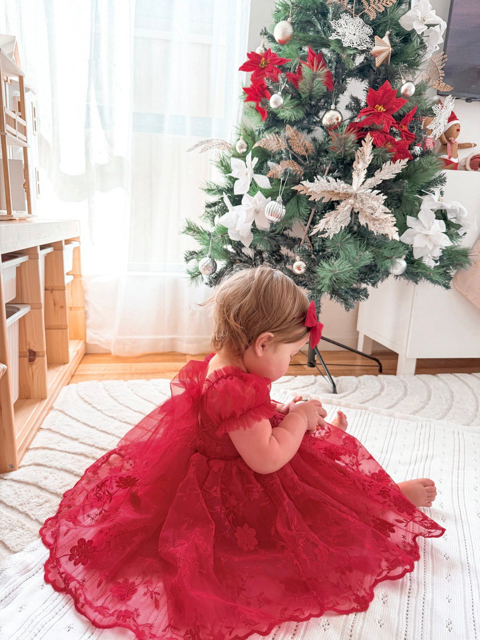 Embroidered red girls santa photos dress