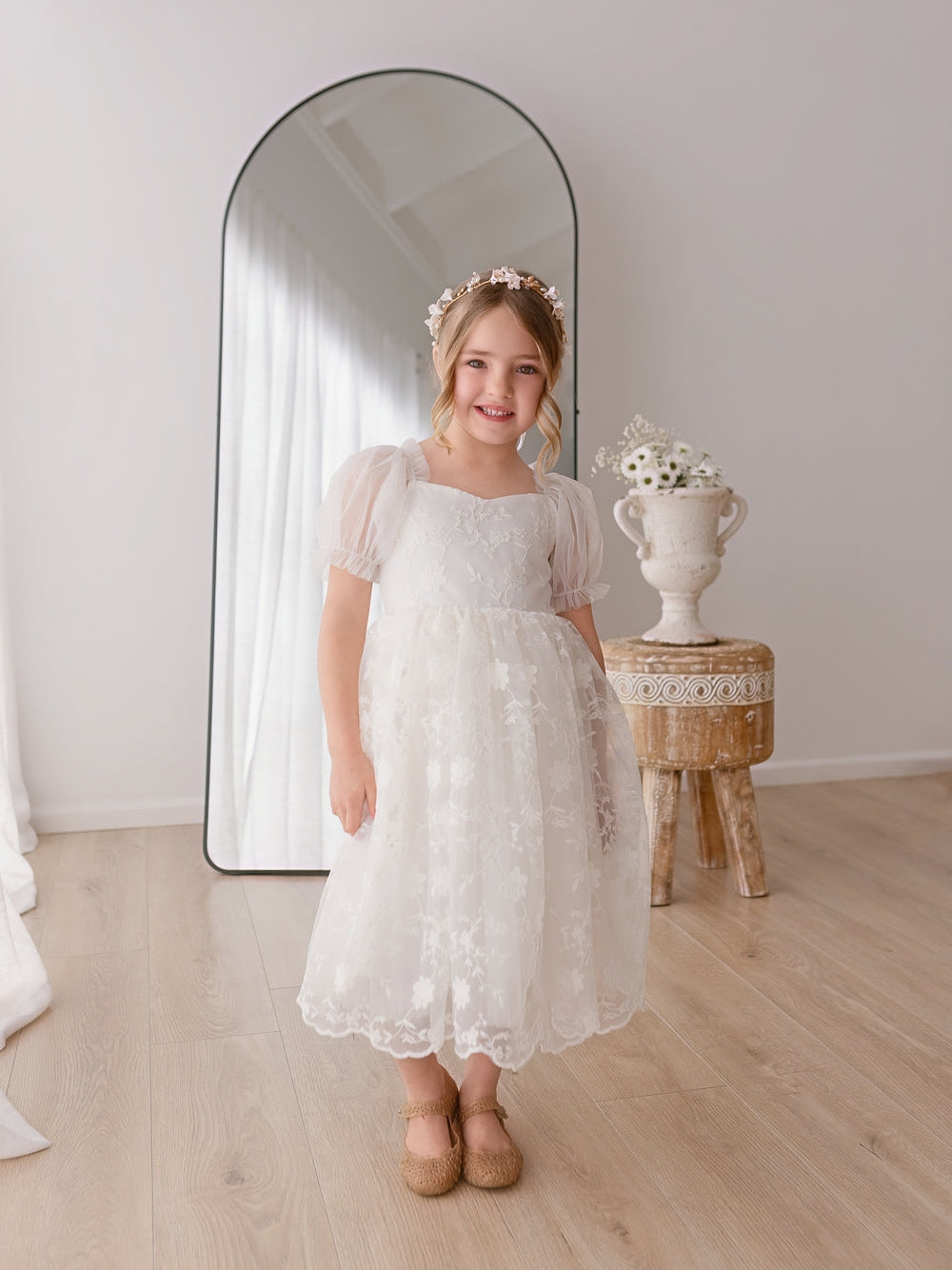 Elegant white girls christening dress full-length front view
