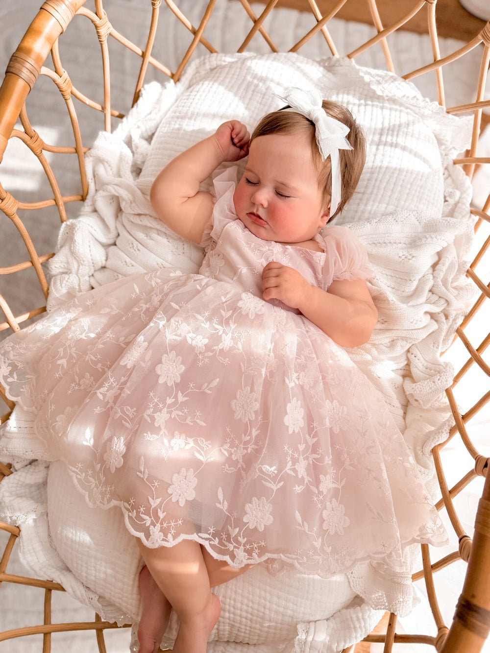 Isla Rose light pink baby dress with embroidered floral lace and tulle