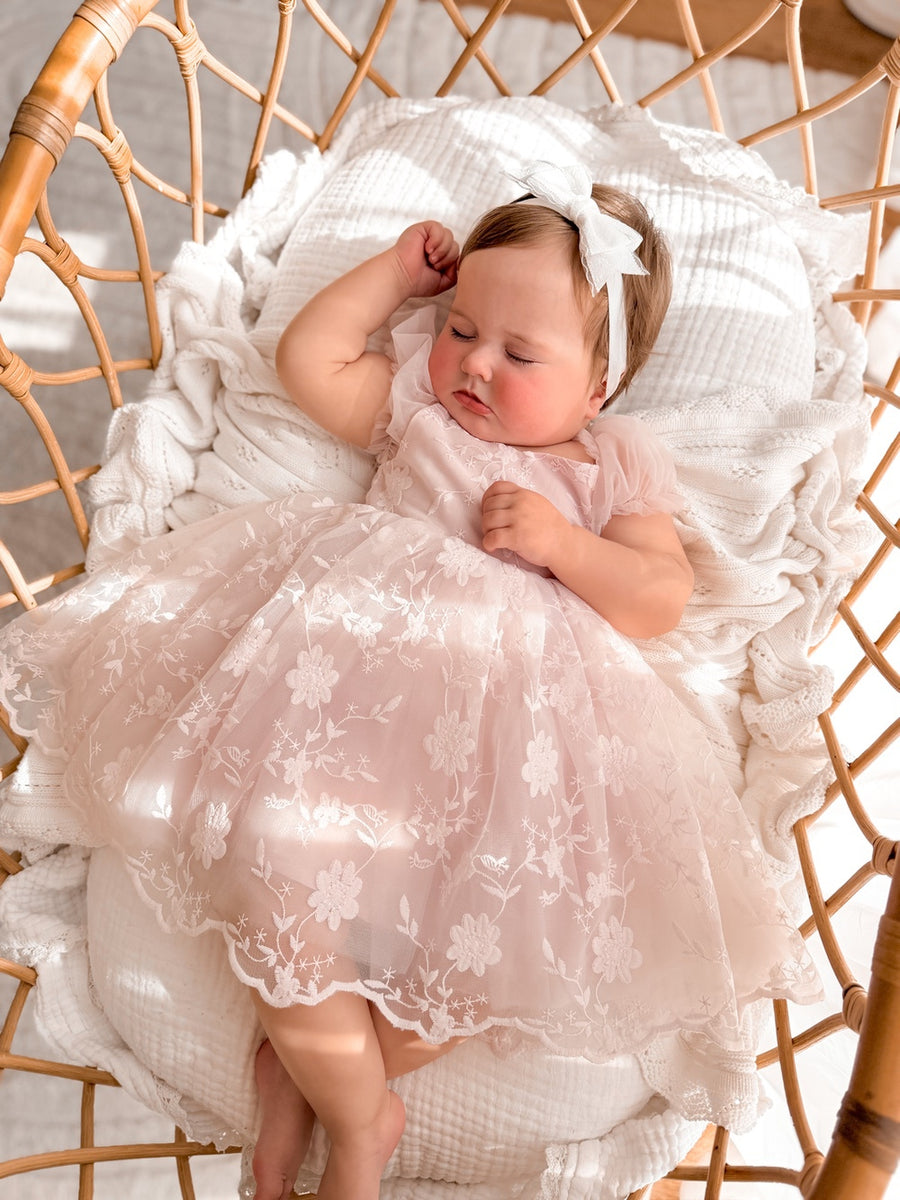Isla Rose light pink baby dress with embroidered floral lace and tulle