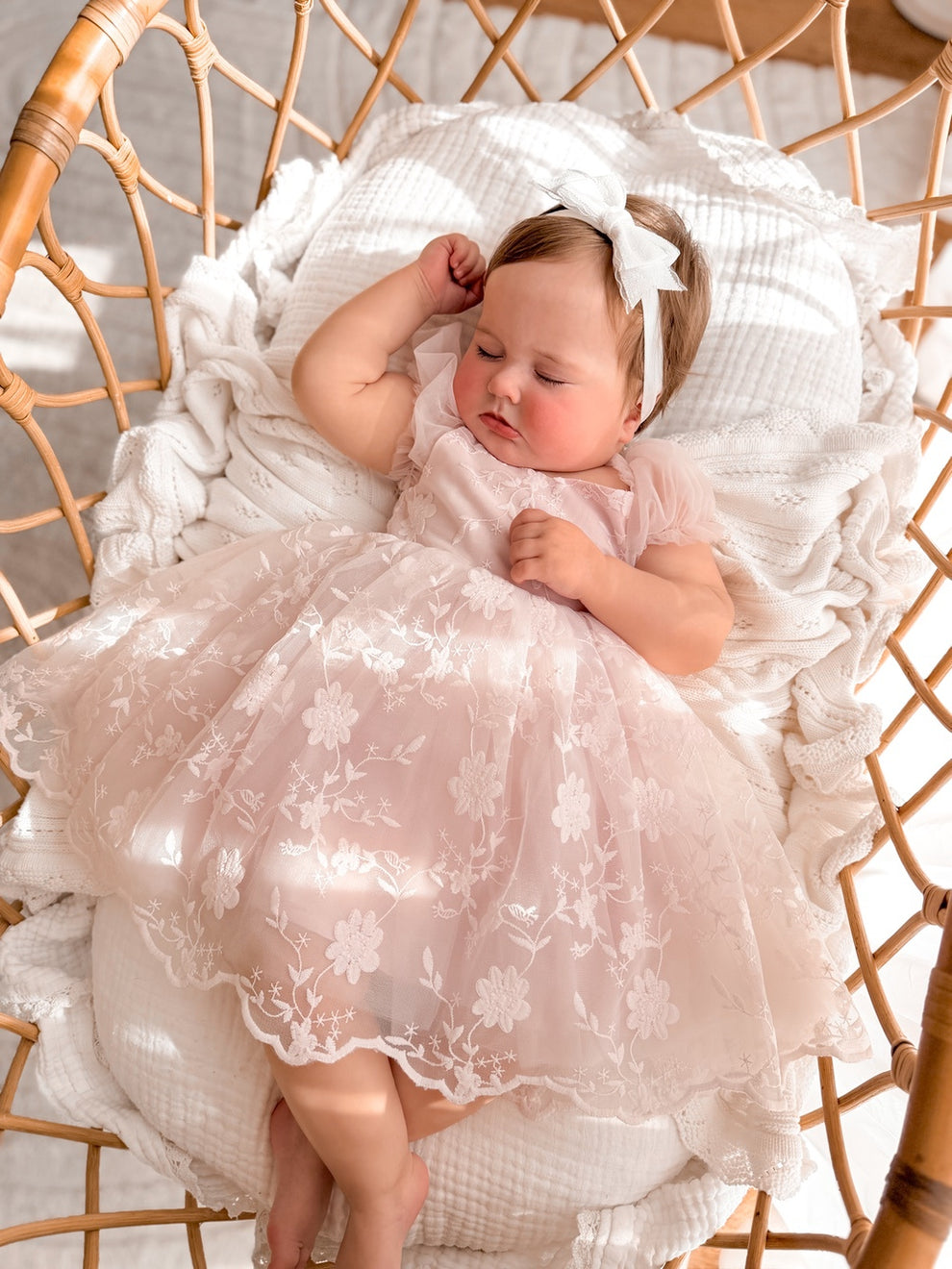Isla Rose light pink baby dress with embroidered floral lace and tulle