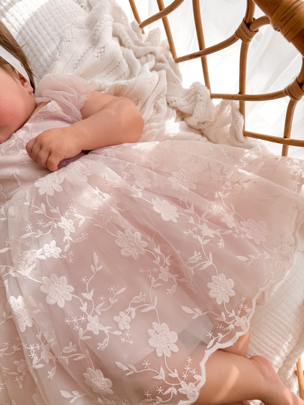 Isla Rose blush pink baby dress with embroidered lace detail