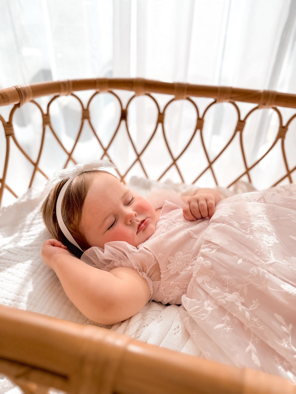 Baby girl embroidered lace dress in soft light pink