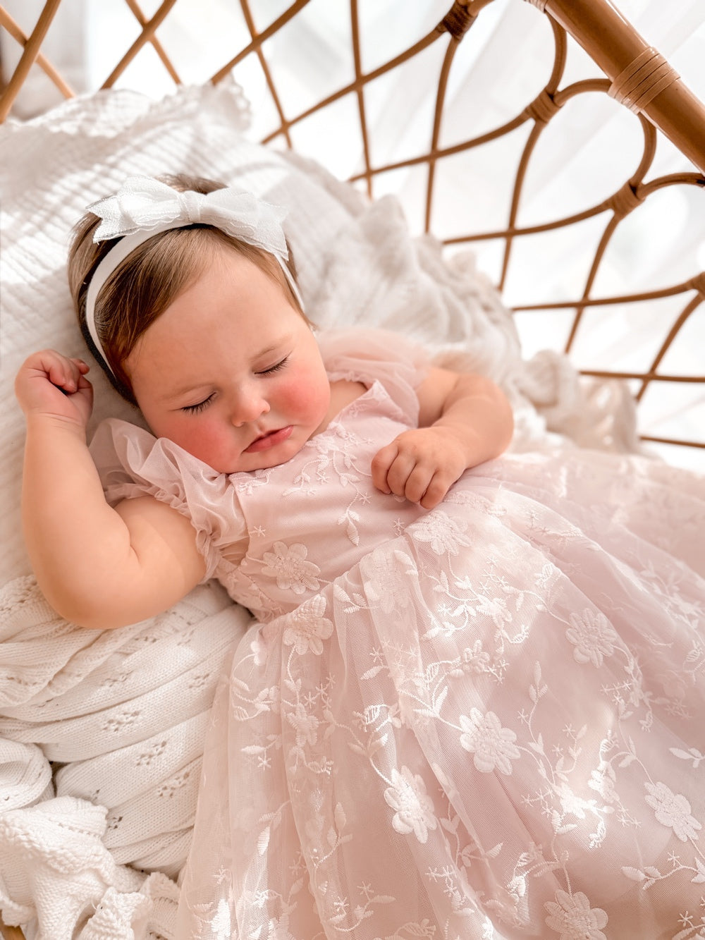 Baby girl pink party dress with floral lace and soft tulle skirt