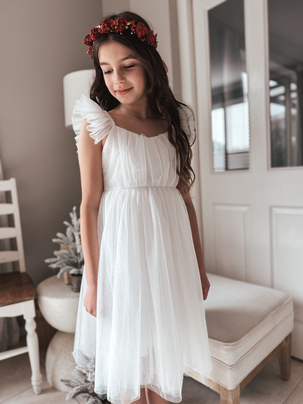 Jasmine White Sparkle Girls Christmas Dress - Flower Girl Dresses