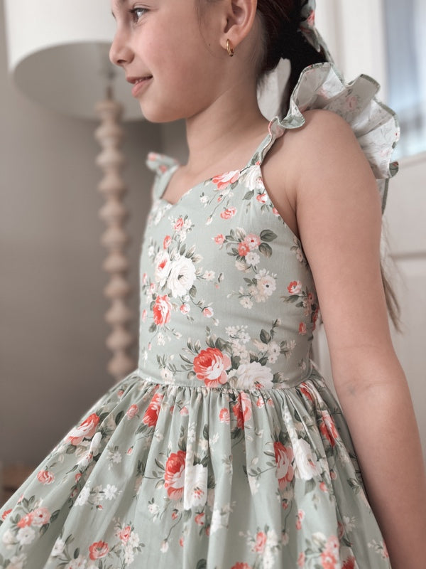 Josephine Girls Christmas Dress - Green Floral - A Little Lacey