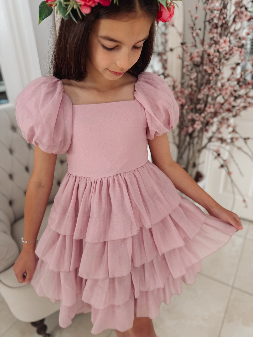 Josie Dusty Pink Girls Dress - Tulle & Lace Edit