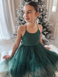 Forest green tween Christmas dress with soft tulle skirt and cotton bodice