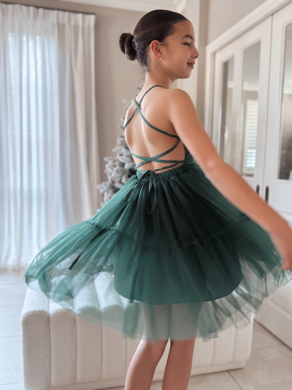 Juniper green tween Christmas dress – Holiday party dress with tulle skirt – A Little Lacey