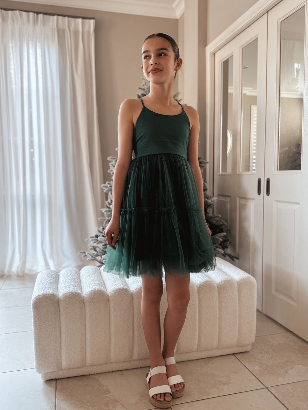 Forest green tween Christmas dress with soft tulle skirt and cotton bodice