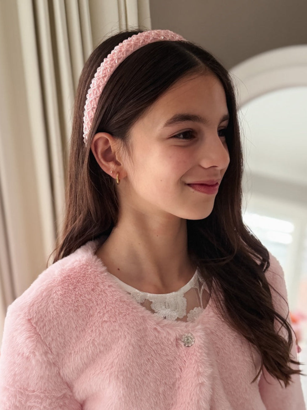 Pink beaded flower girl headband