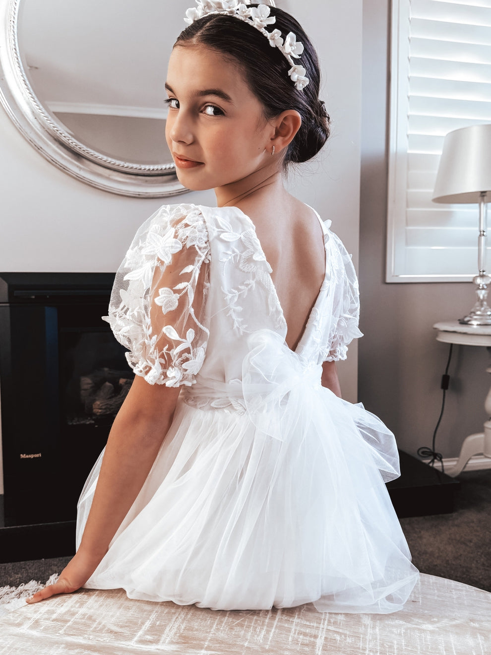 Laura Puff Sleeve White Flower Girl Dress - A Little Lacey · Photo 9 of 9