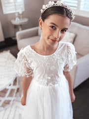 Laura Puff Sleeve White Flower Girl Dress - A Little Lacey