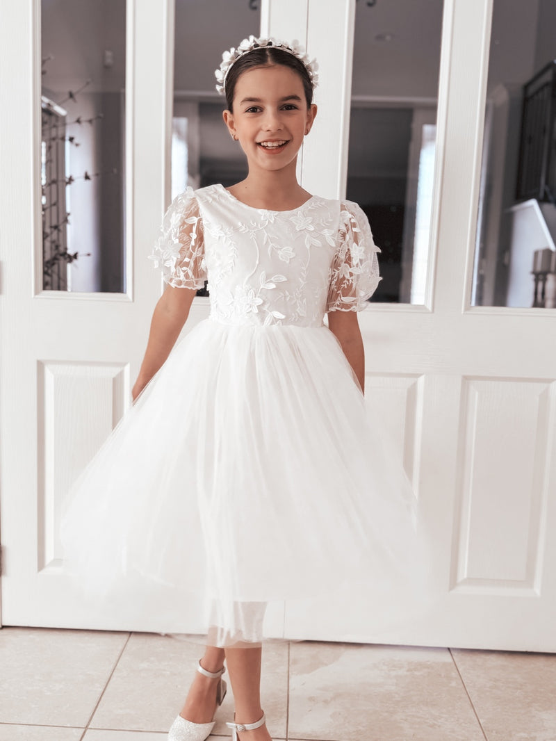 Laura Puff Sleeve White Flower Girl Dress - A Little Lacey