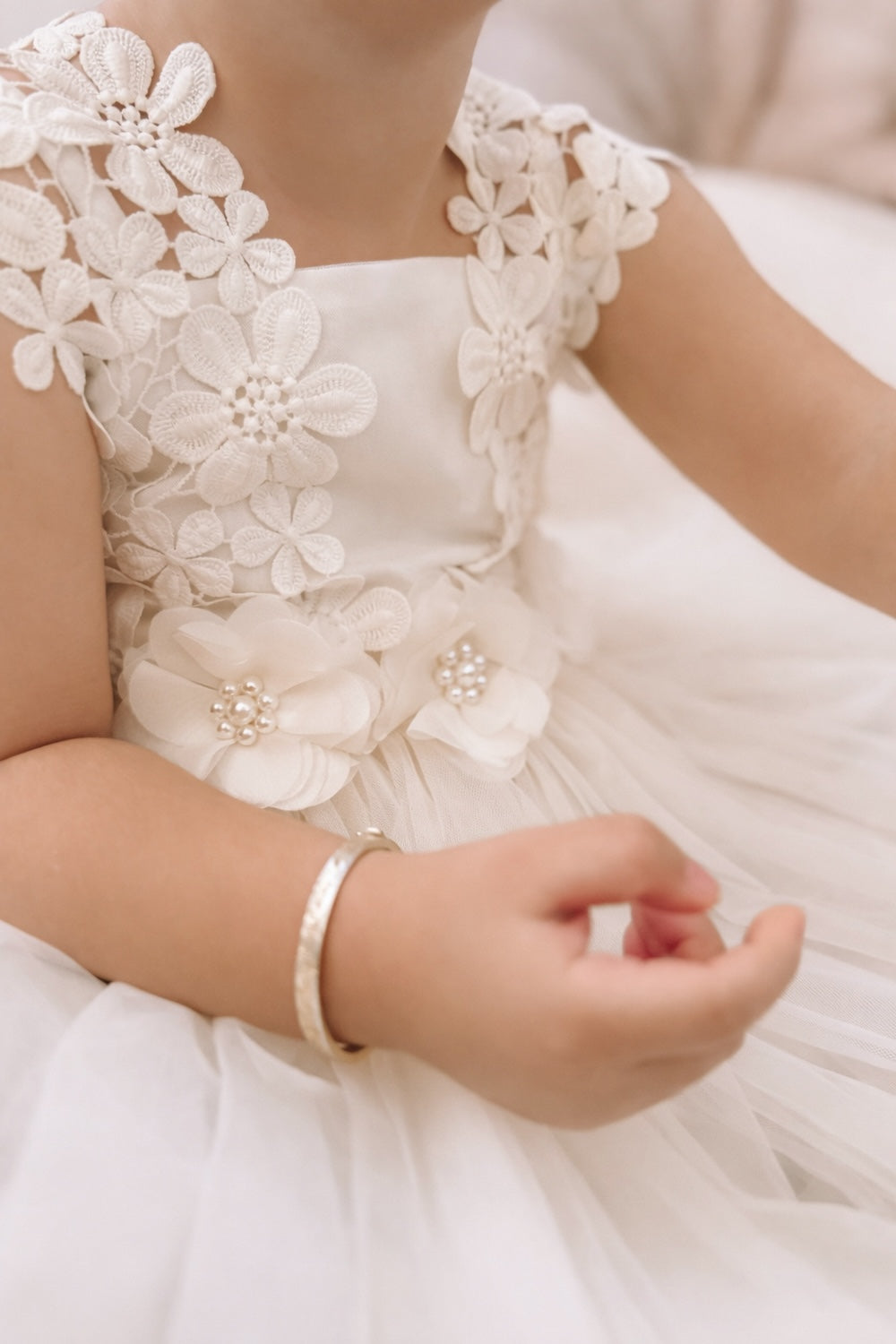 Ivory flower girls dress - lace front and flowers