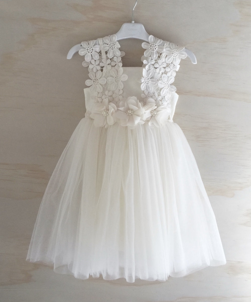 Ivory flower girl dress lace shoulders and flowers