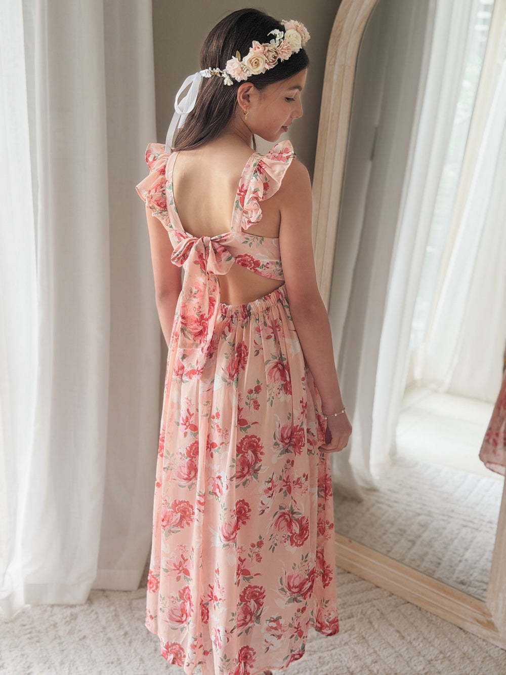 Leilani Girls Pink Floral Dress – pink and red floral chiffon graduation dress by A Little Lacey