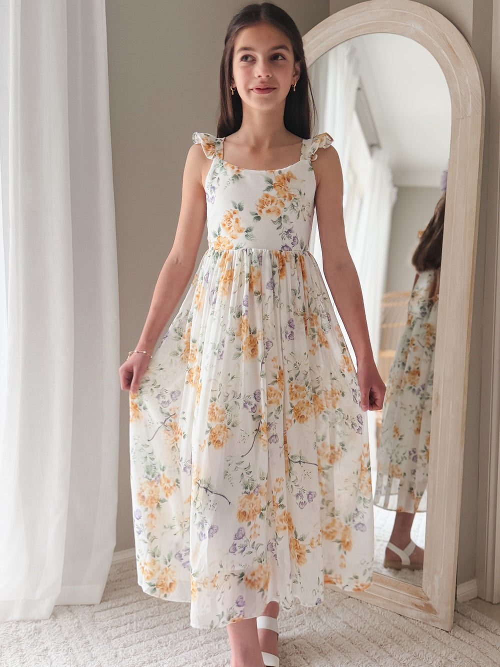 Close-up of floral chiffon fabric – Leilani Girls Spring Floral Dress pastel detail