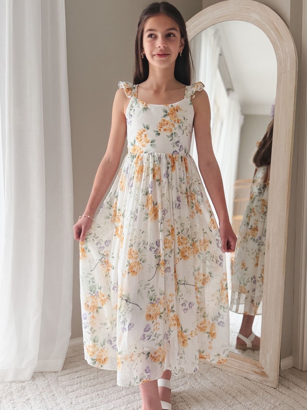 Close-up of floral chiffon fabric – Leilani Girls Spring Floral Dress pastel detail
