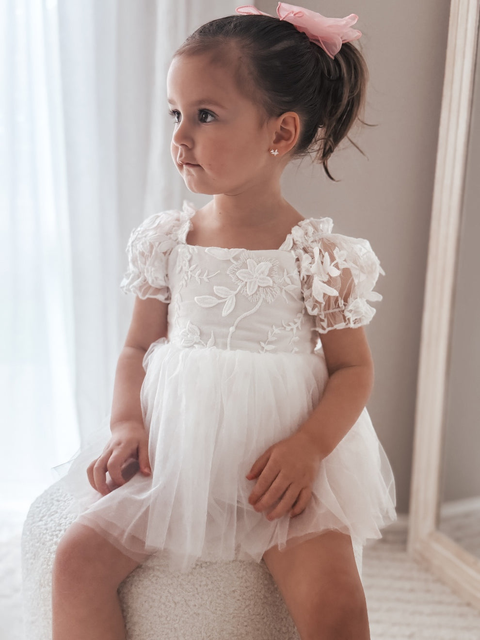 Baby sitting in Lila White Embroidered Baby Dress – elegant outfit for christenings