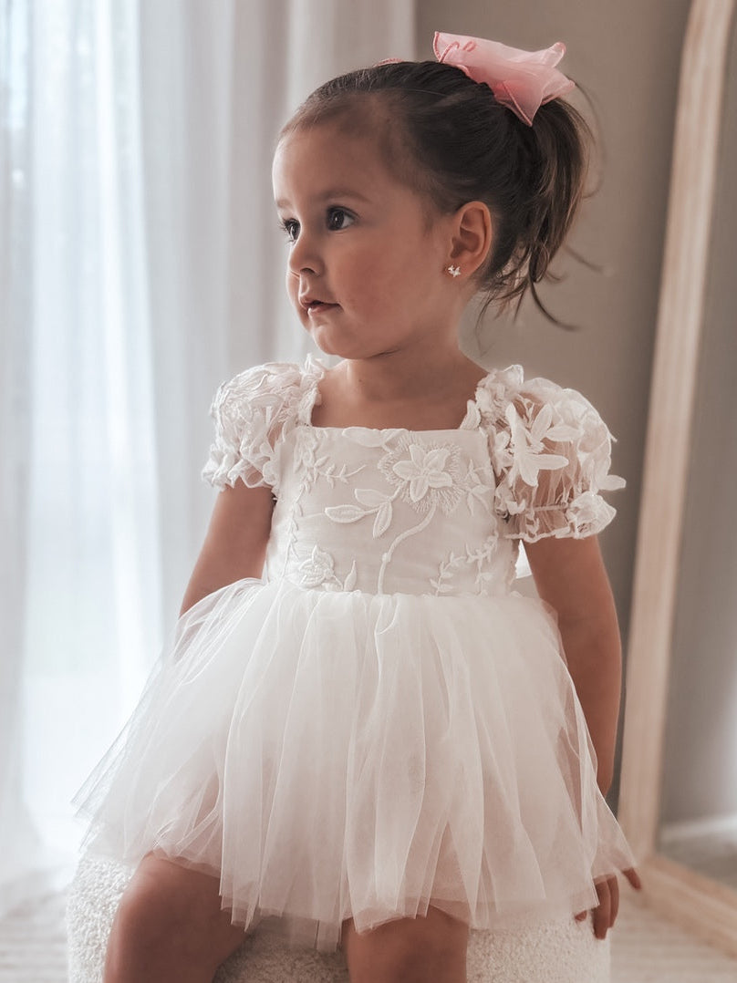 Front view of Lila White Embroidered Baby Dress – puff sleeves and embroidered detail