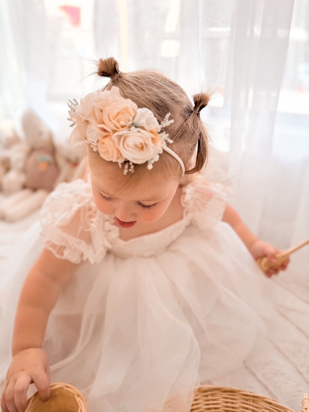 white embroidered girls dress front view with tulle skirt