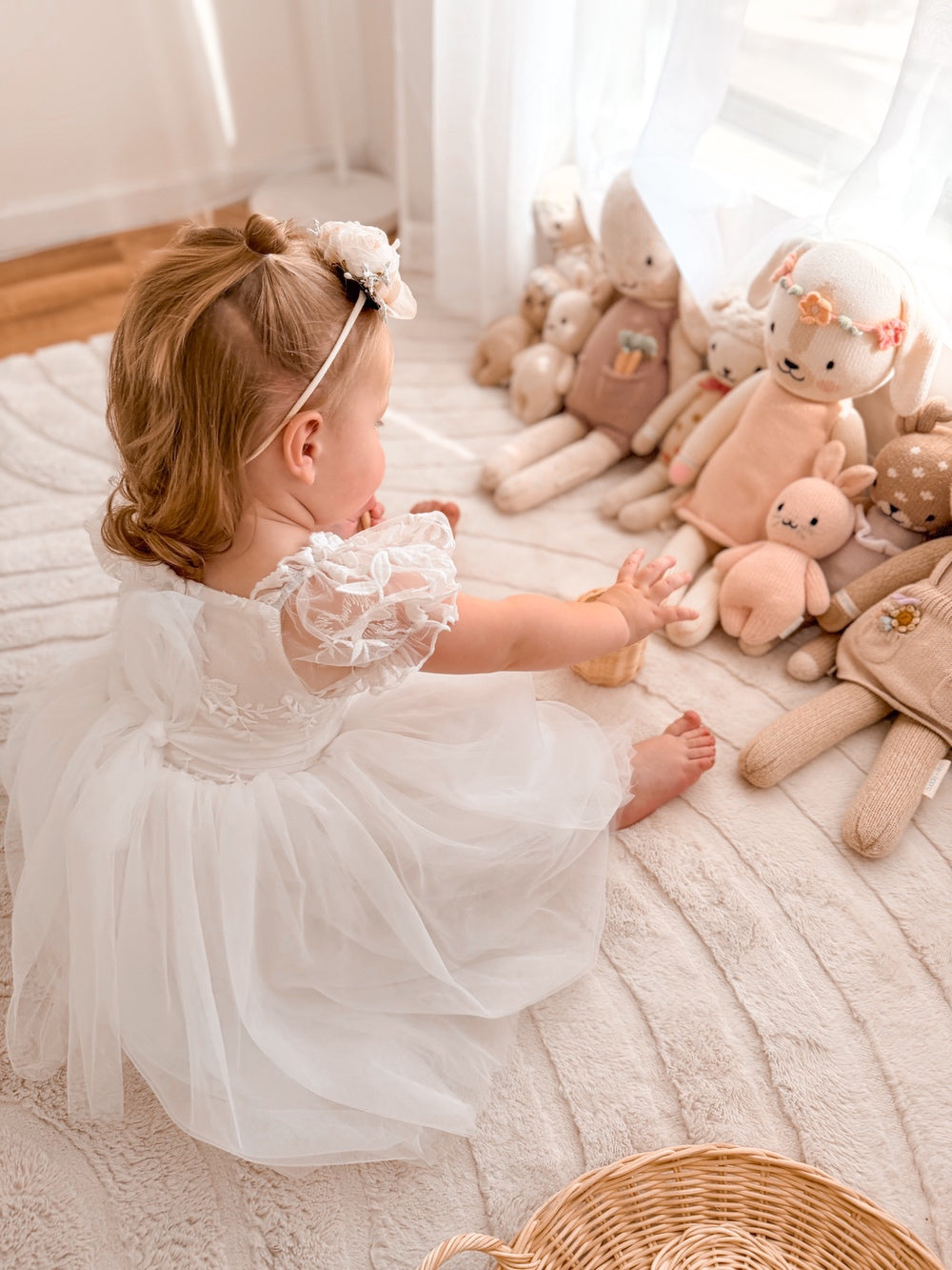 Lila Embroidered Girls Dress in white with puff sleeves