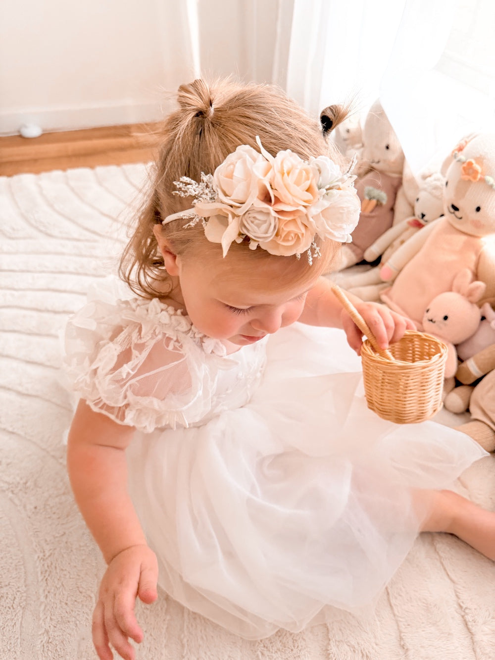 white embroidered girls dress with soft tulle skirt