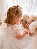 white girls dress with puff sleeves and tulle bow