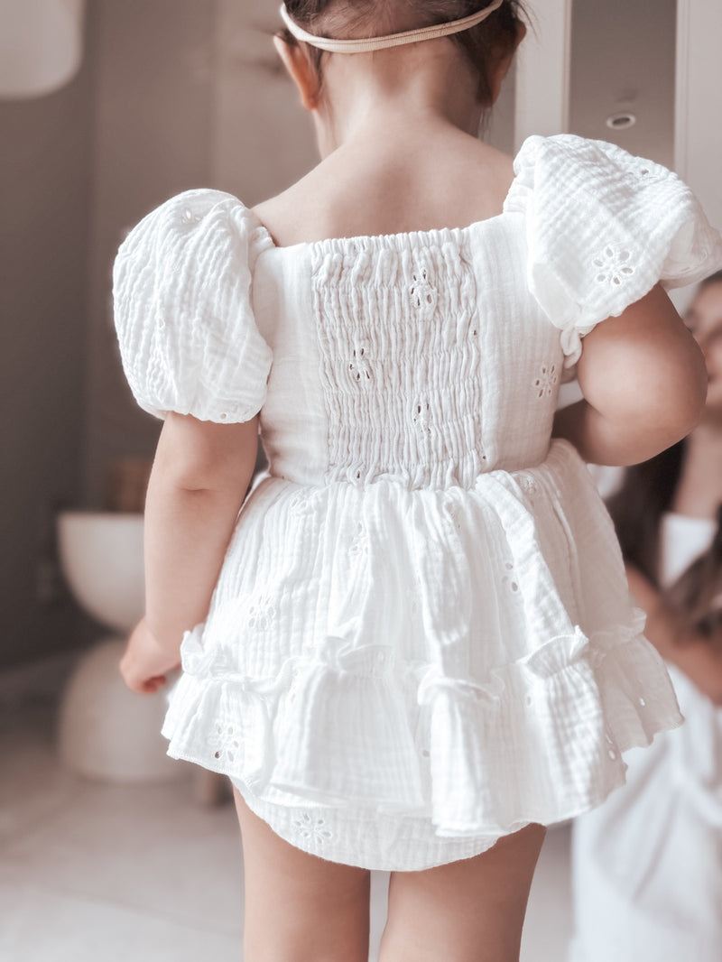 Lily White Puff Sleeve Baby Romper - A Little Lacey