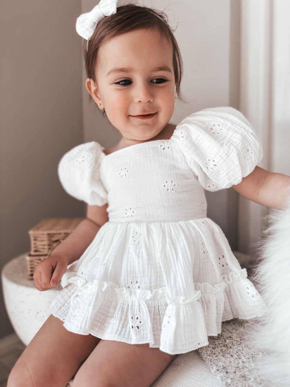 Lily White Puff Sleeve Baby Romper - Baby Rompers