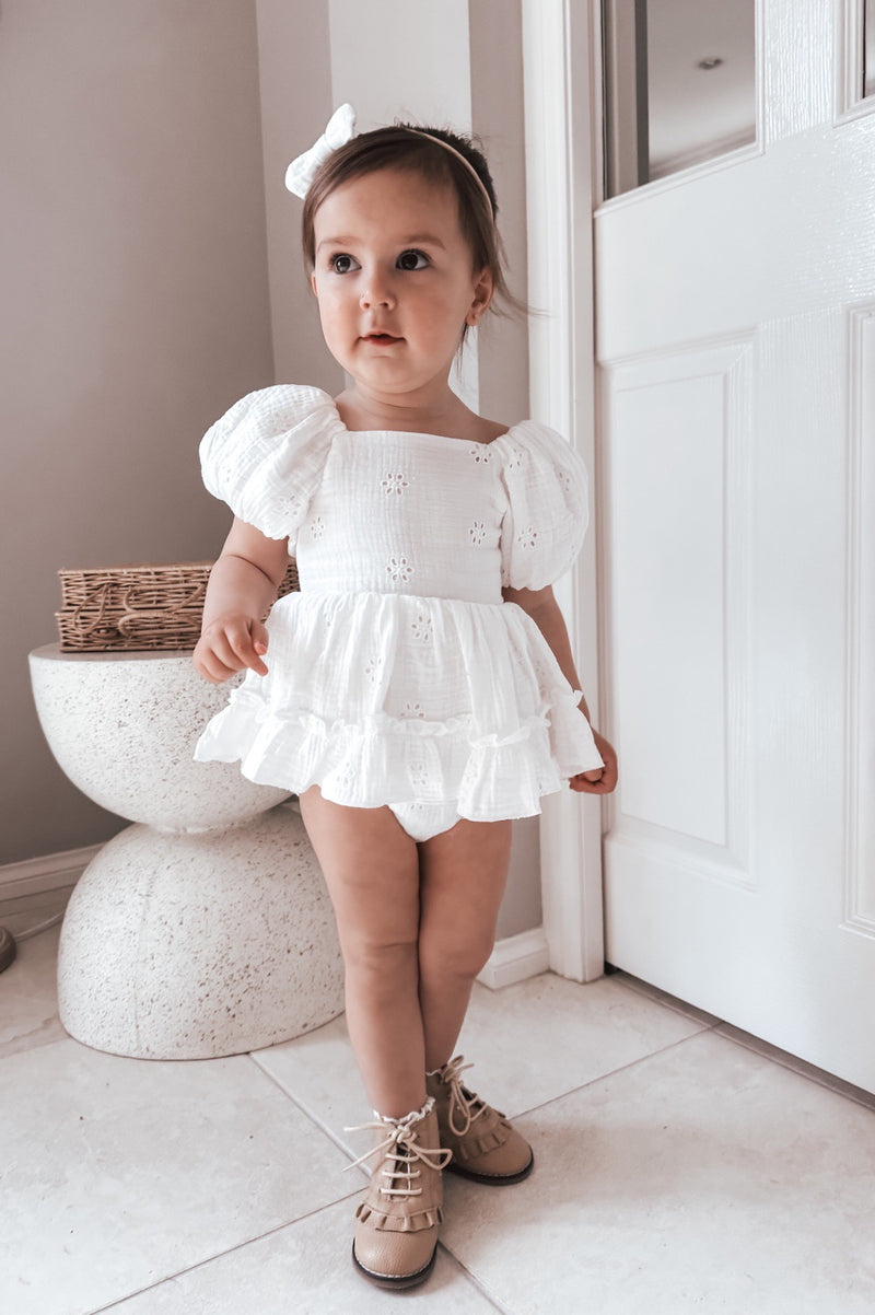 Lily White Puff Sleeve Baby Romper - A Little Lacey