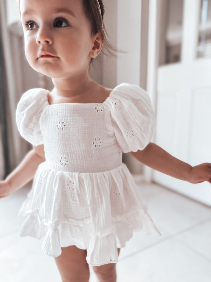 Lily White Puff Sleeve Baby Romper - A Little Lacey