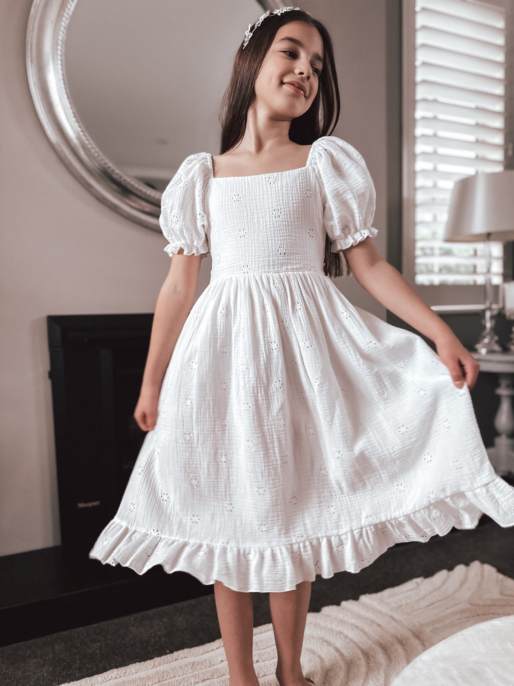 Lily White Puff Sleeve Girls Dress - Baptism Dresses