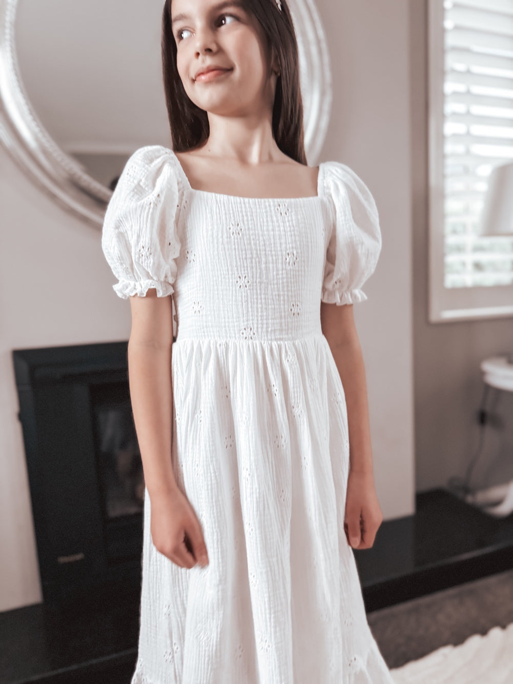 Lily White Puff Sleeve Girls Dress - A Little Lacey · Photo 13 of 14