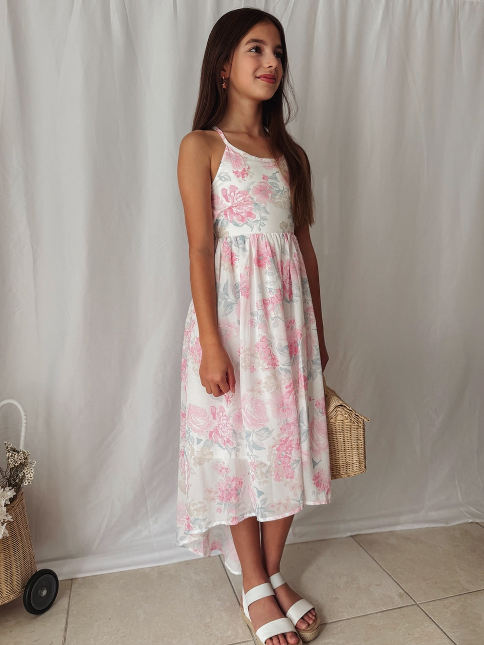 Detail of lightweight rayon fabric and flowing silhouette.