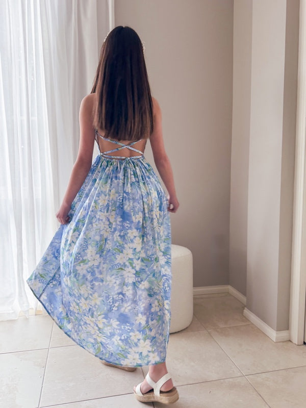 Bluebelle Floral High Low Girls Dress - All ProductsBluebelle Floral Dress showing crossover straps and elastic waist from the back