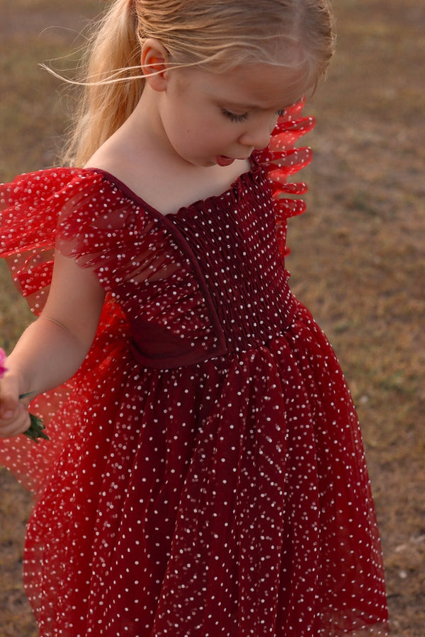 Lotus Burgundy Dot Ruffle Dress