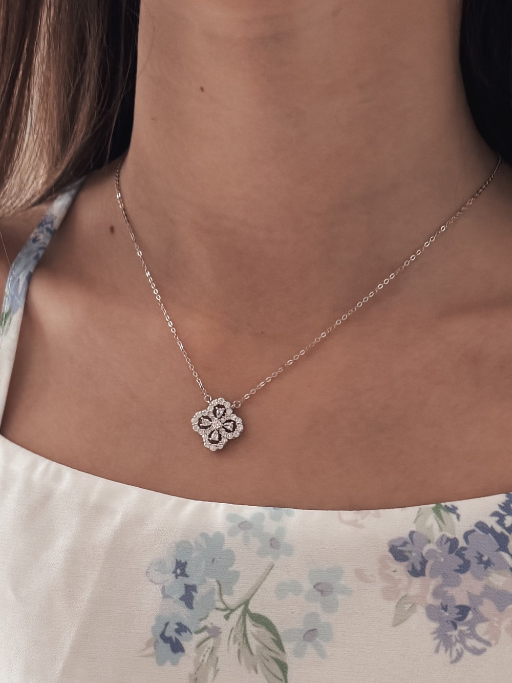 Lucky Charm Girls Silver Necklace - Girls and Babies JewelleryFour-leaf clover necklace with sparkling diamante centre