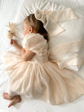 Champagne flower girl dress for babies with elegant bow back design