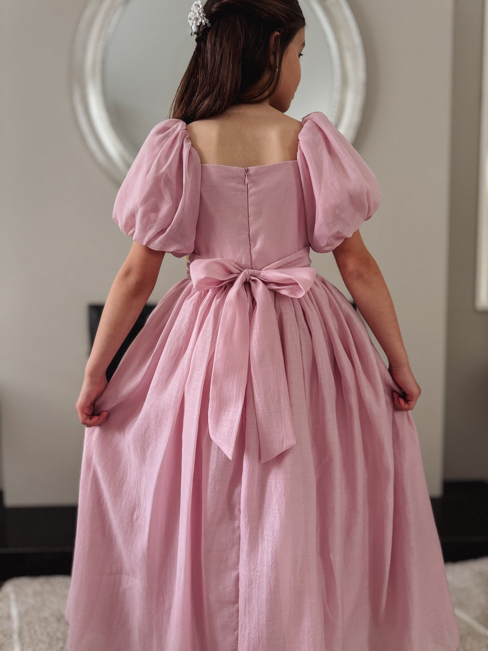 Lucy Girls Puff Sleeve Dress - Dusty Pink